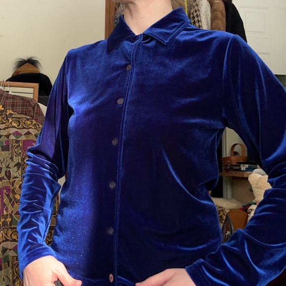 90s Pale Blue Velvet Button-Up Blouse Women’s Size M NWT - Picture 7 of 16